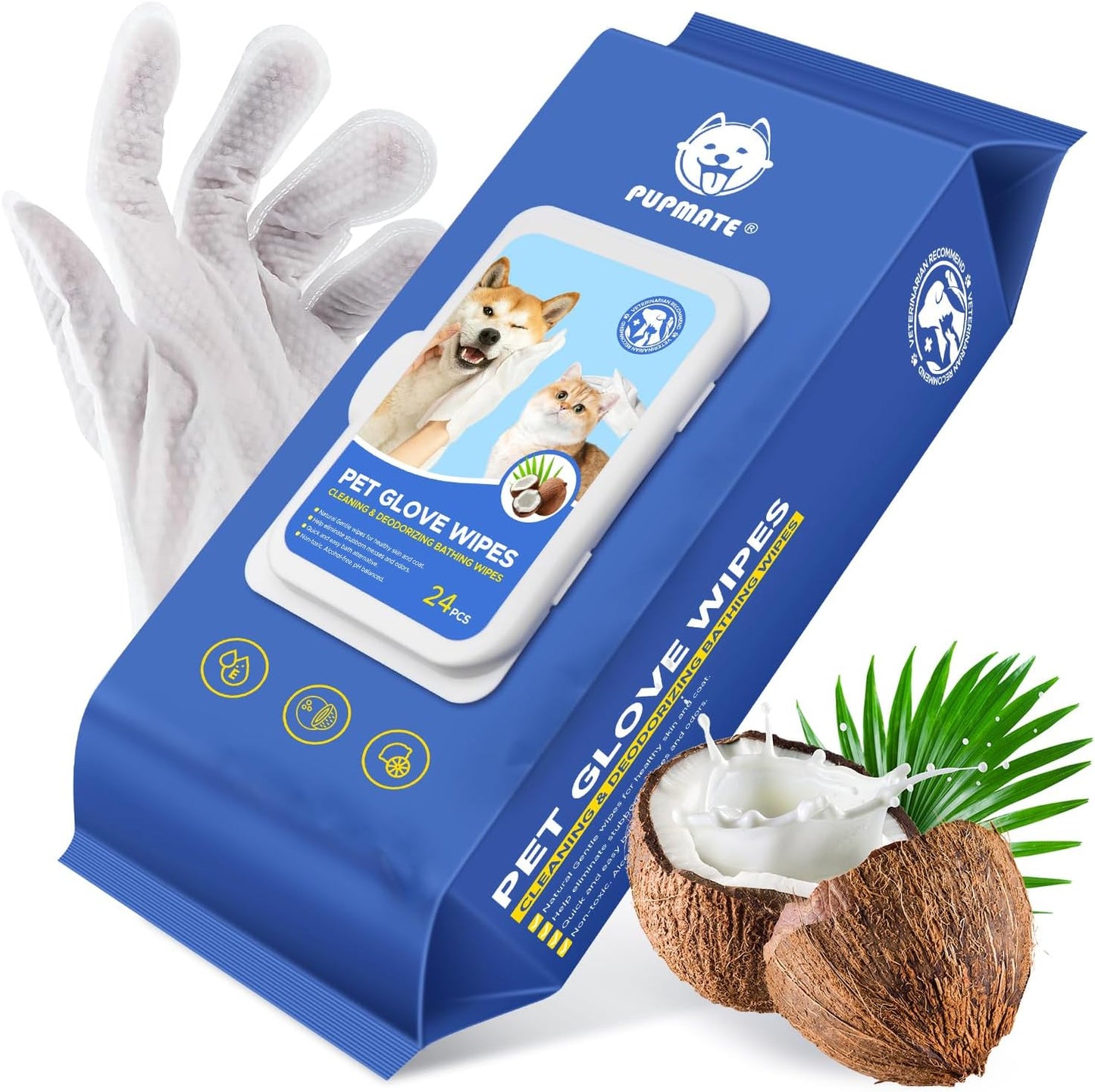 Pet Cleaning Glove Wipes for Dogs & Cats, Hypoallergenic Deodorizing Disposable Bathing Wipes,No-Rinse Grooming Wipes, Extra Thick,Perfect for Pet Dry Cleaning,Daily Care and Travel,24 pcs