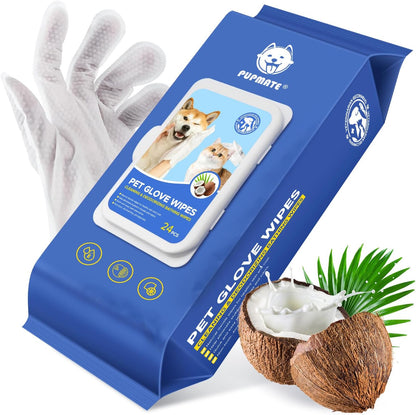Pet Cleaning Glove Wipes for Dogs & Cats, Hypoallergenic Deodorizing Disposable Bathing Wipes,No-Rinse Grooming Wipes, Extra Thick,Perfect for Pet Dry Cleaning,Daily Care and Travel,24 pcs