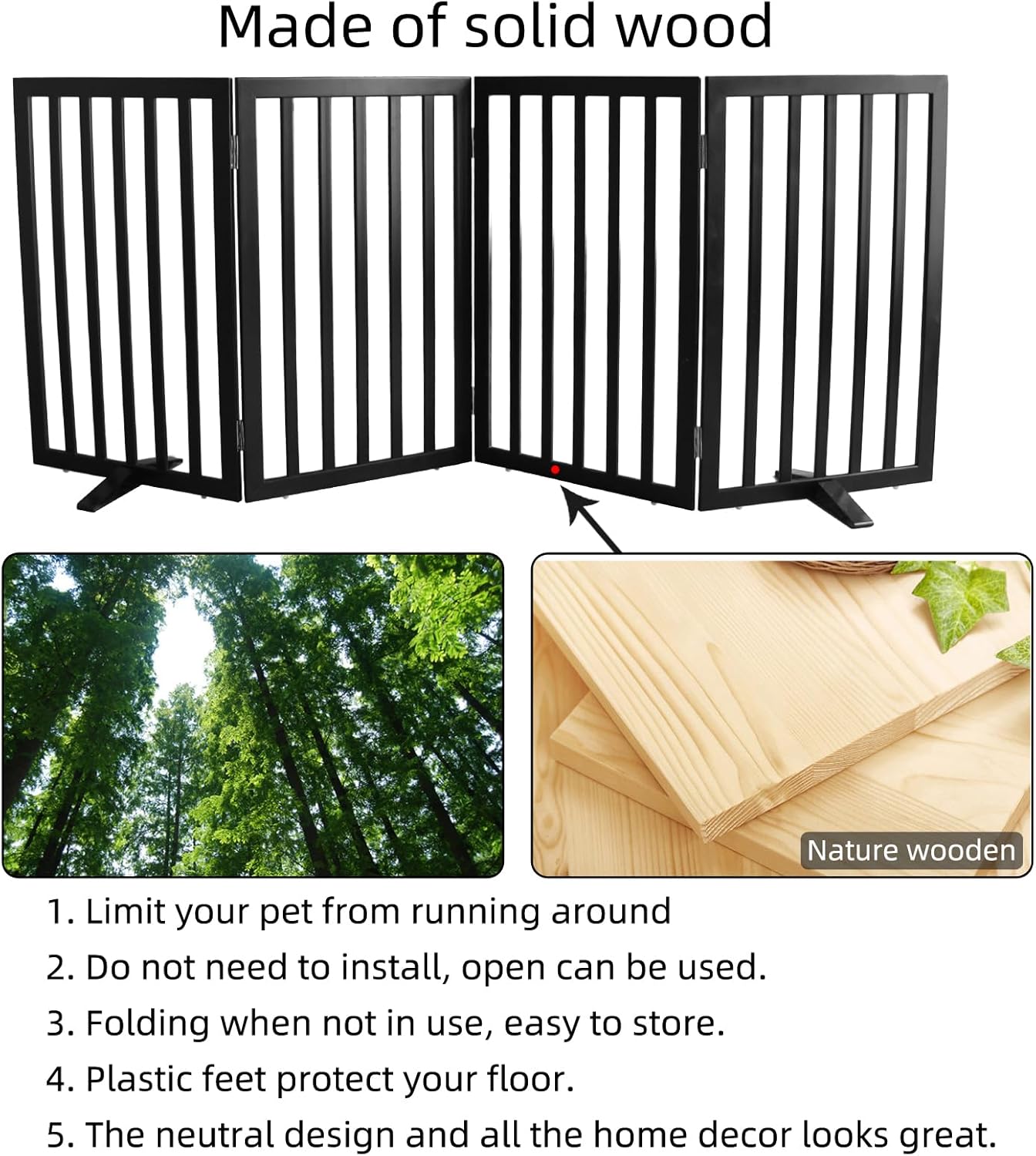 ZJSF Freestanding Indoor Dog Gate for House Foldable Wood Puppy Gate for Doorways Pet Gate for Stairs Extra Wide Pet Fence, Brown, 24" Height 3 Panels