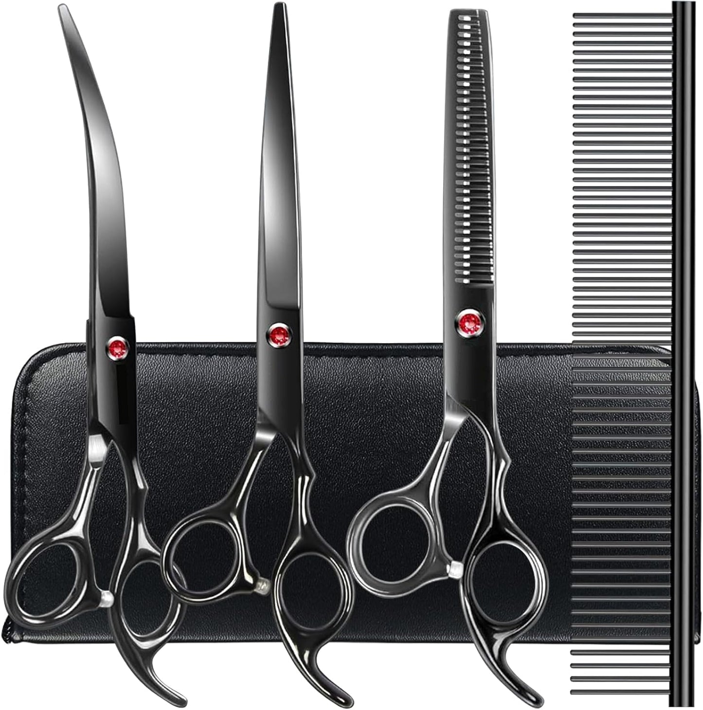 TINMARDA Dog Grooming Kit, Professional Stainless Steel Dog Grooming Scissors with Curved Shears, Pink Finger Rings - 4 Piece Sharp Durable Pet Shears for Dogs Cats At Home Salon-Quality Grooming