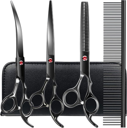 TINMARDA Dog Grooming Kit, Professional Stainless Steel Dog Grooming Scissors with Curved Shears, Pink Finger Rings - 4 Piece Sharp Durable Pet Shears for Dogs Cats At Home Salon-Quality Grooming
