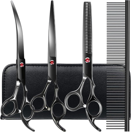 TINMARDA Dog Grooming Kit, Professional Stainless Steel Dog Grooming Scissors with Curved Shears, Pink Finger Rings - 4 Piece Sharp Durable Pet Shears for Dogs Cats At Home Salon-Quality Grooming