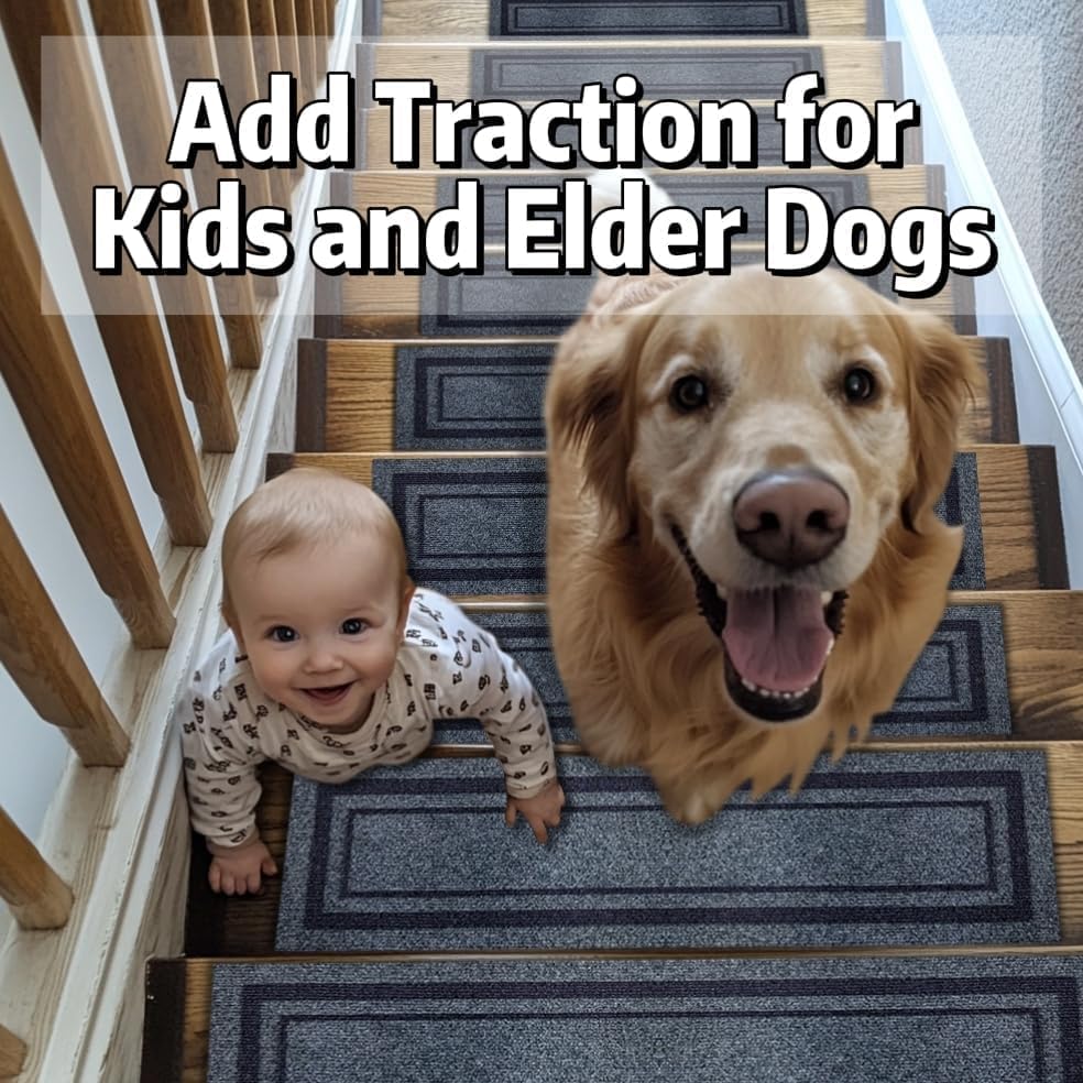 Aucuda 8.5" x 30" Outdoor Stair Treads for Dogs on Wooden Steps Spring, Non Slip Stair Runner Rug Heat Insulation Rubber Backing, Frame Staircase Mat Carpet for Indoor Grip Farmhouse. (6pcs)