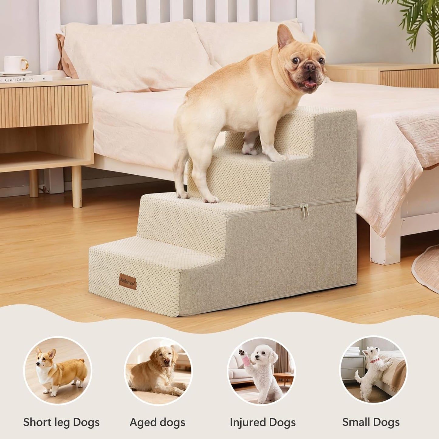 Aodisman Dog Steps for Bed and Couch, 4-Step Pet Stairs for Small Dogs, Indoor Non-Slip Dog Stairs for Old Cats, Puppy, Small Medium Dogs,18.5" H,Grey