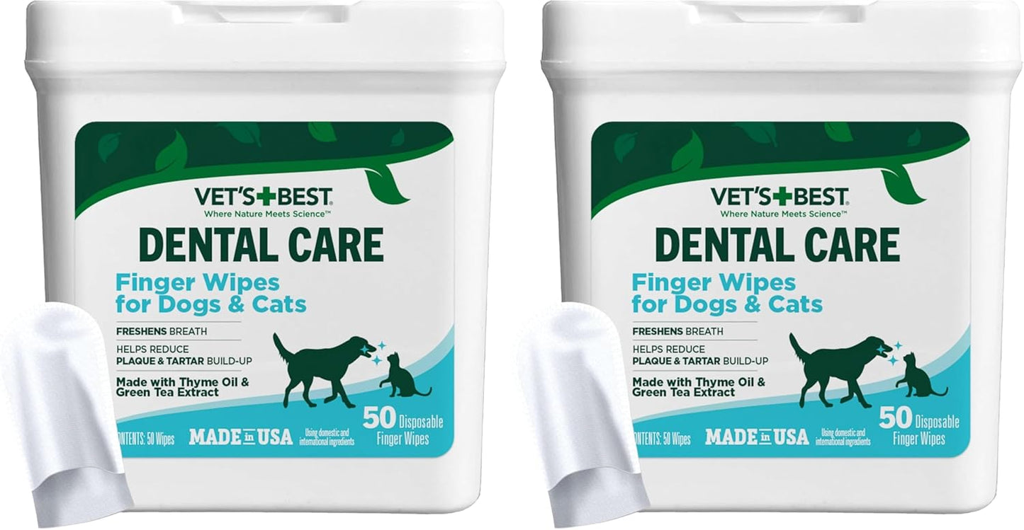 Vet's Best Finger Dental Wipes for Dogs and Cats – Oral Care Wipes for Teeth Cleaning, Fresh Breath, and Tartar Control – Gentle Finger Pads for Pet Dental Hygiene and Plaque Removal – 50 Count