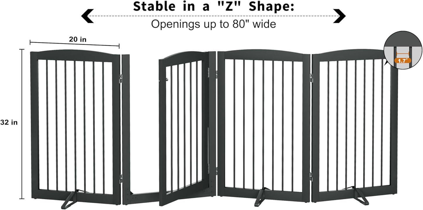 PUPETPO Freestanding Dog Gate with Door, Pet Gate for Stairs, 80 inch Wide Pet Barrier Indoor, Dog Fences Indoor, Support Feet Included, 4 Panels, 24" Tall, Dark Brown