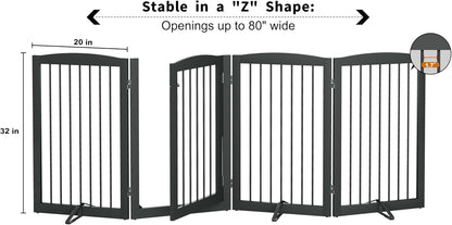 PUPETPO Freestanding Dog Gate with Door, Pet Gate for Stairs, 80 inch Wide Pet Barrier Indoor, Dog Fences Indoor, Support Feet Included, 4 Panels, 24" Tall, Dark Brown