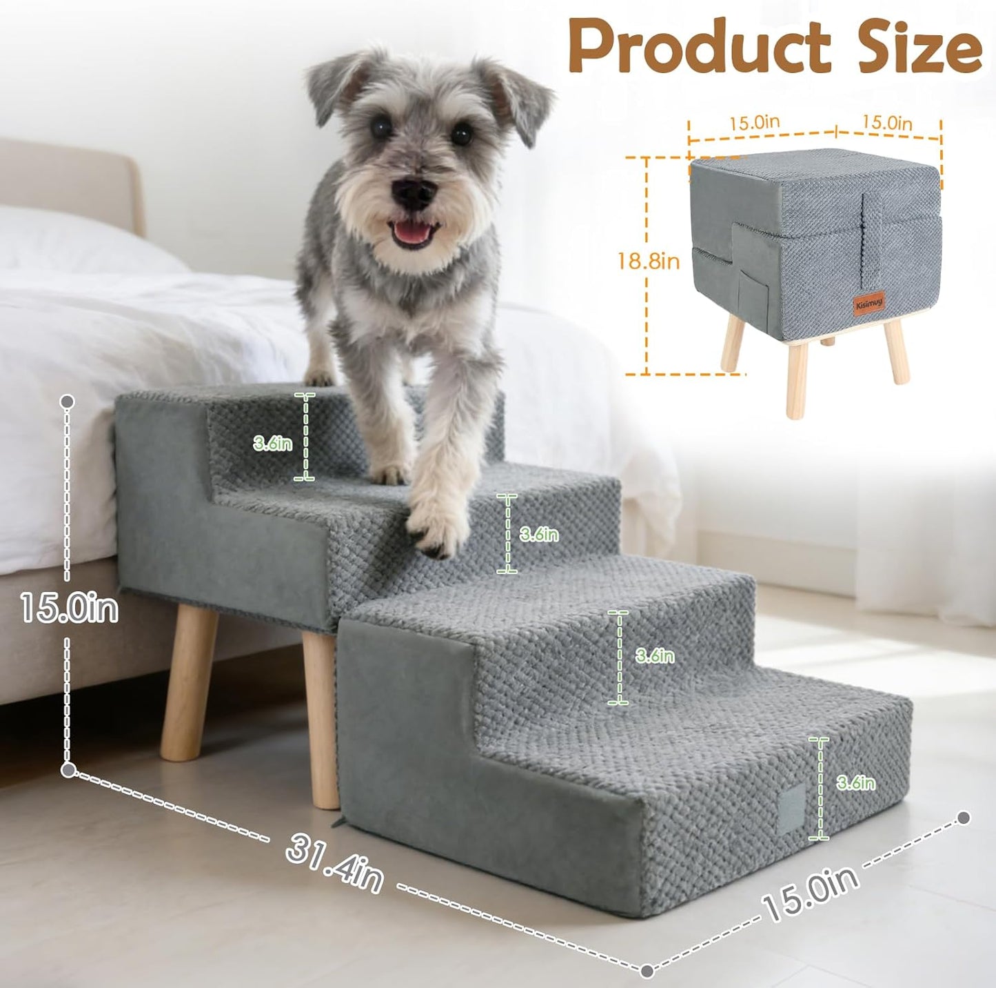 Dog Stairs for Small Dogs and Cats, 4-Step Dog Ramp for Couch and Bed, Foldable 2-in-1 Wooden Pet Steps for Puppy, Split Ottoman Design, Beige