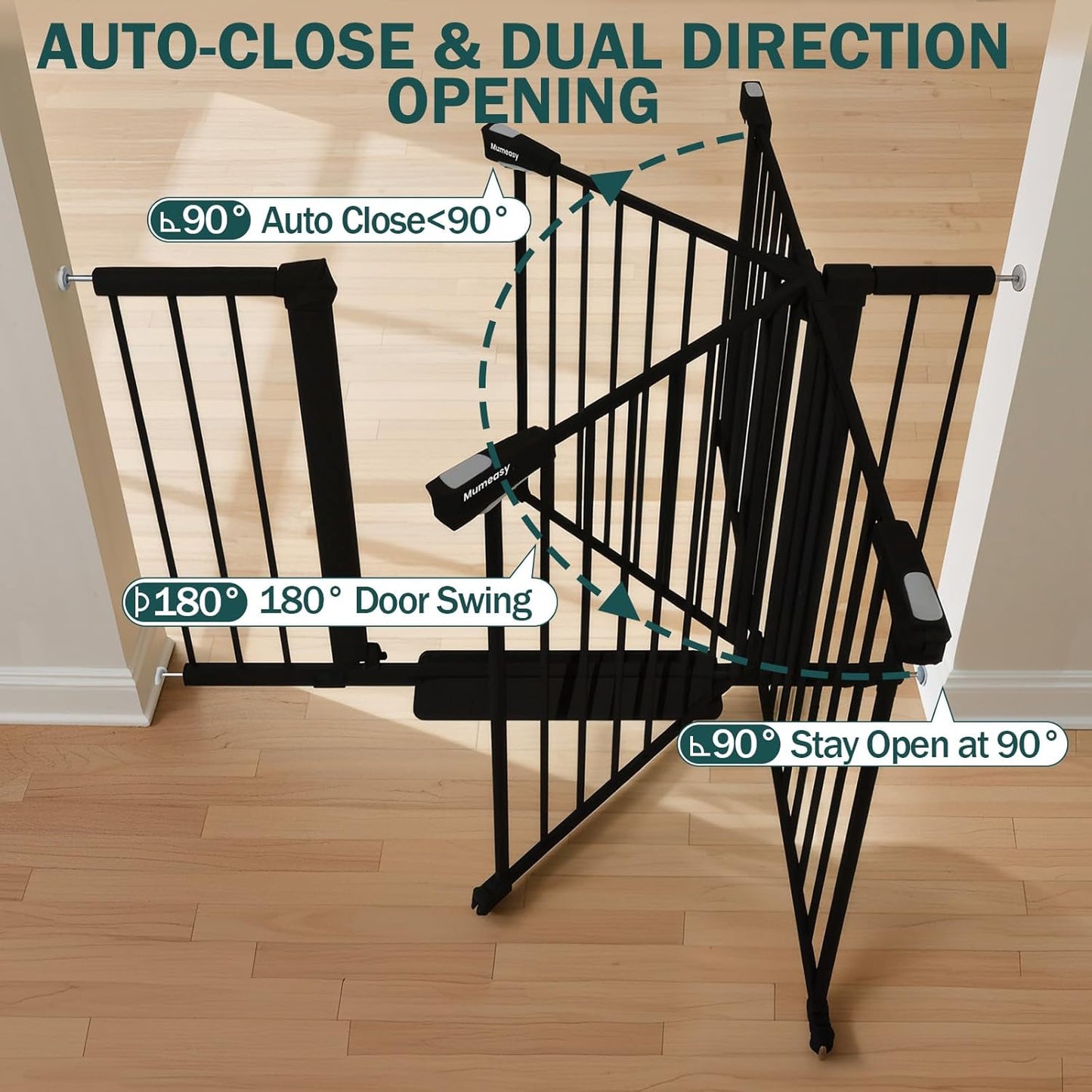 Mumeasy 29.7-46" Baby Gate for Stairs, Pressure Mounted Dog Gate for Doorways, Auto Close Walk Through Pet Gate Indoor, Extra Wide Metal Child Safety Gate, Mom's Choice Awards Winner, Black