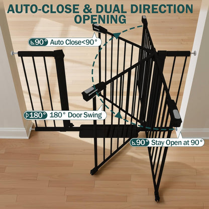 Mumeasy 29.7-46" Baby Gate for Stairs, Pressure Mounted Dog Gate for Doorways, Auto Close Walk Through Pet Gate Indoor, Extra Wide Metal Child Safety Gate, Mom's Choice Awards Winner, Black