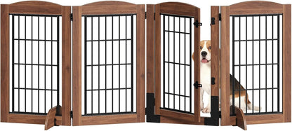 HOOBRO Dog Gate with Door Walk Through, 24.8'' Tall Freestanding Pet Gate with 2 Support Feet, Foldable Dog Fence Indoor, 360° Rotating Hinges, for Doorways, Stairs, Walnut BH85PP03