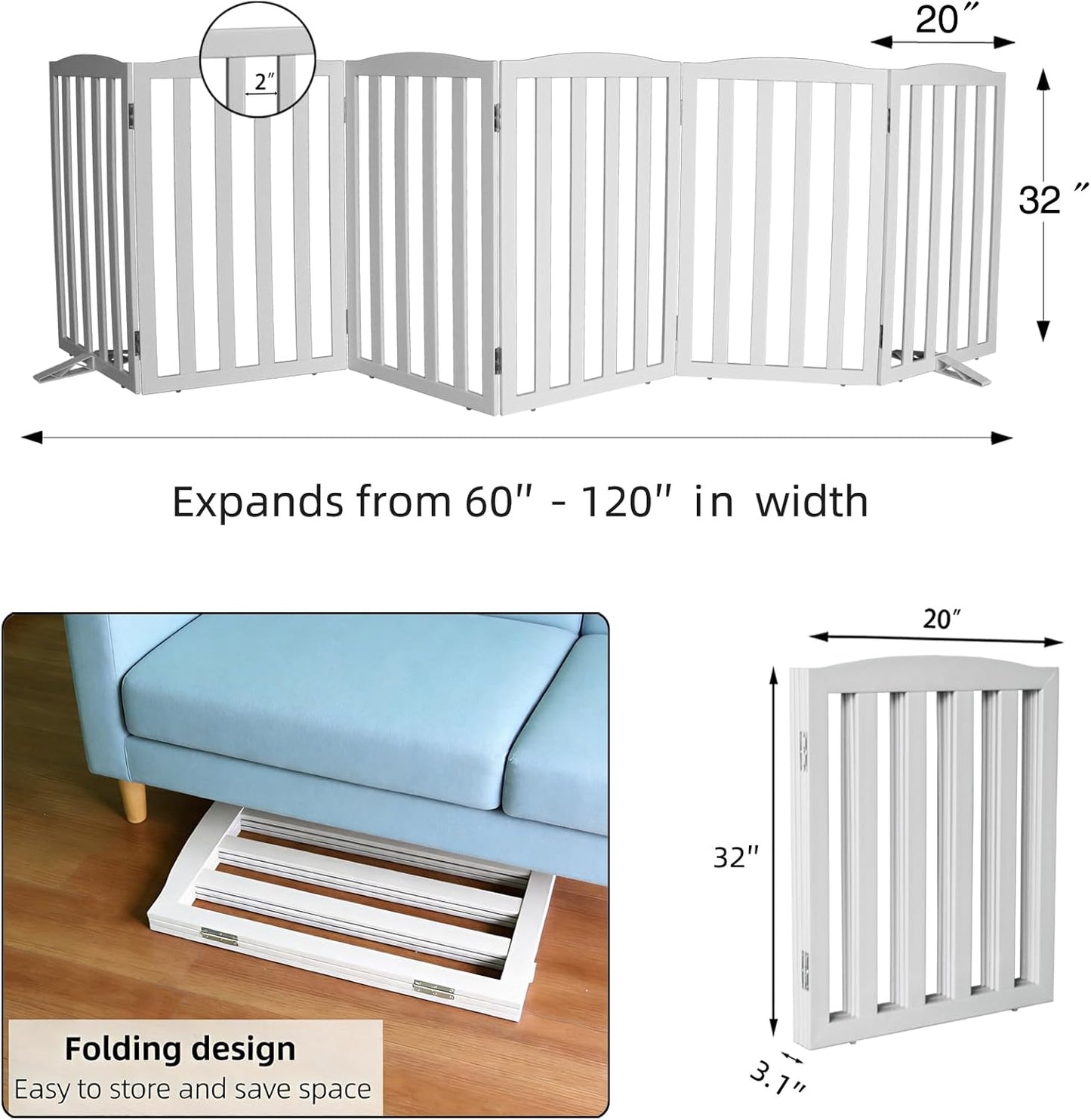 Freestanding Dog Gate Indoor,Doggie Gate Foldable Dog Gates for Doorways,Stairs or Hallways, Wooden White Pet Gate for the House, Pet Fence with Support Feet Included,24 "Height-4 Panels