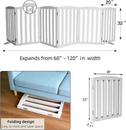 Freestanding Dog Gate Indoor,Doggie Gate Foldable Dog Gates for Doorways,Stairs or Hallways, Wooden White Pet Gate for the House, Pet Fence with Support Feet Included,24 "Height-4 Panels