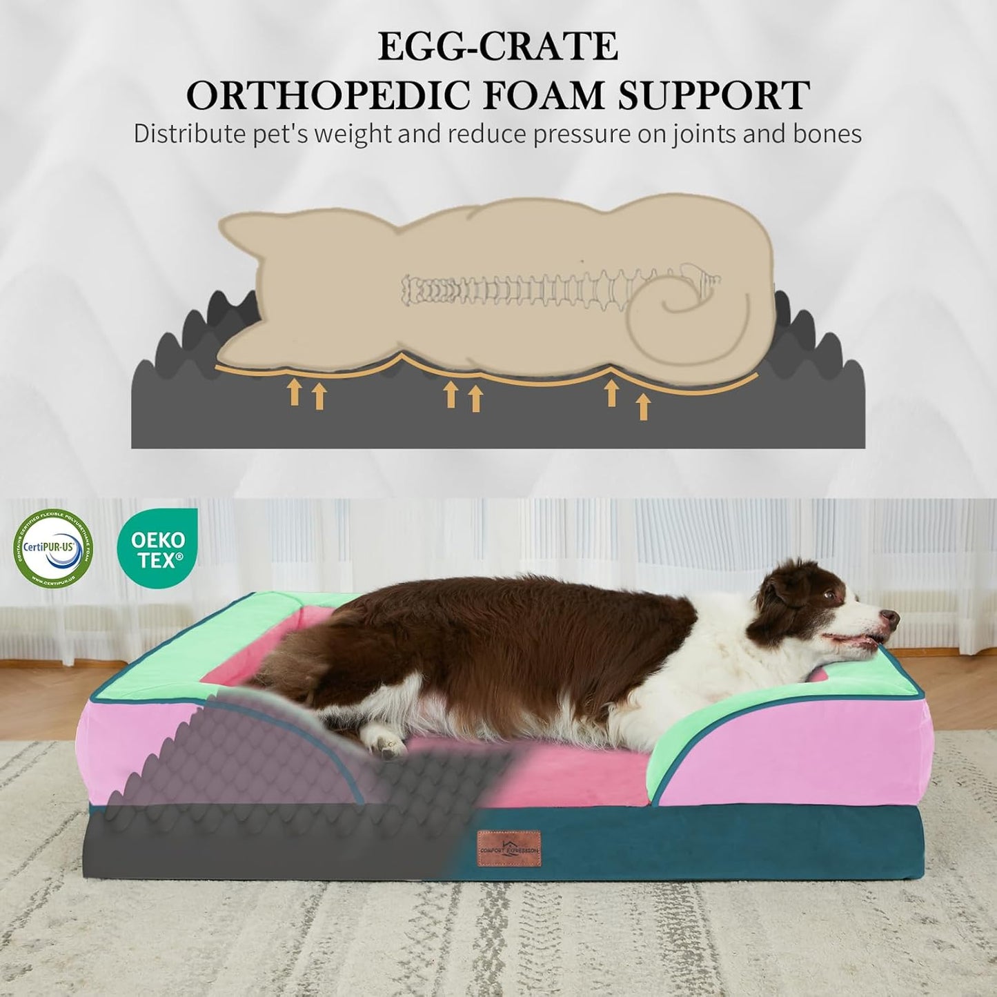 Comfort Expression Orthopedic Dog Bed for Extra Large Dogs 42x30 Inch, Waterproof Egg Crate Foam XL Pet Bed with Removable Bolsters, Dog Couch with Washable Cover & Non-Slip Bottom, Grey - Colors B