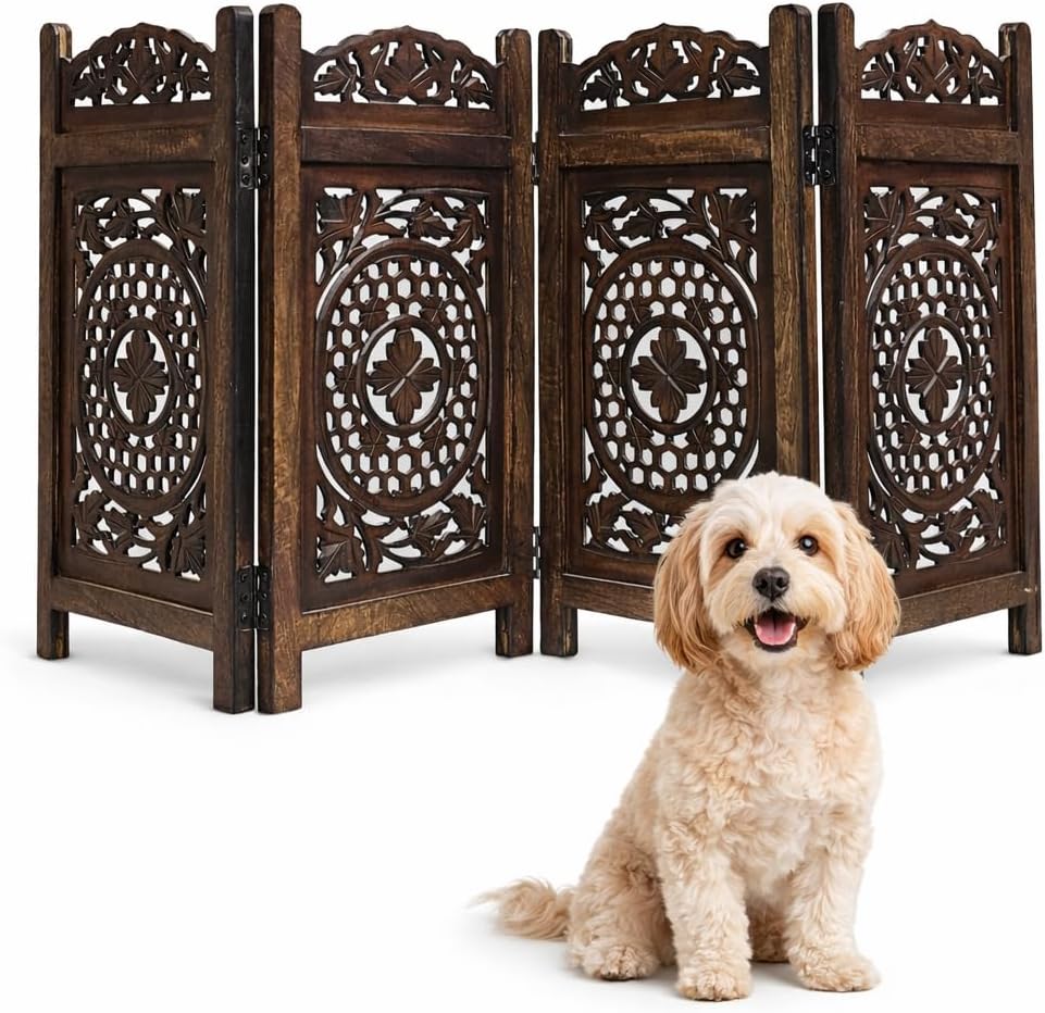 Freestanding Pet Gate for Dogs, Foldable Wooden Dog Gate for House, Indoor Dog Gate for Stair, Doorway, House Design Gates for Dogs Indoor, 72 Inch Wide, (18" x4 Panels 72 inch), Burnt Finish