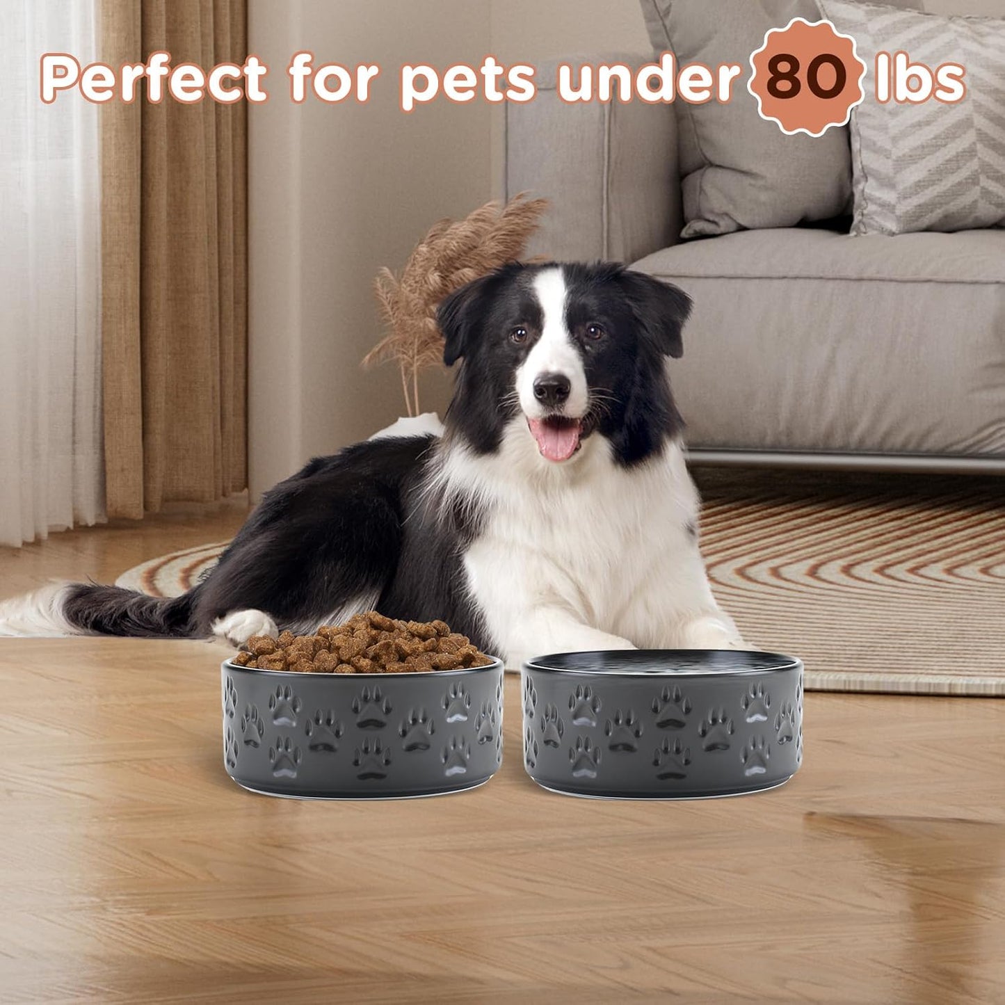 SPUNKYJUNKY Elevated Dog Bowls Ceramic, 6.1'' Dogs and Cat Food Water Bowls Raised with Non-Slip Bamboo Stand for Medium Sized Breed Microwave Dishwasher Safe - 28.7 OZ,Beige
