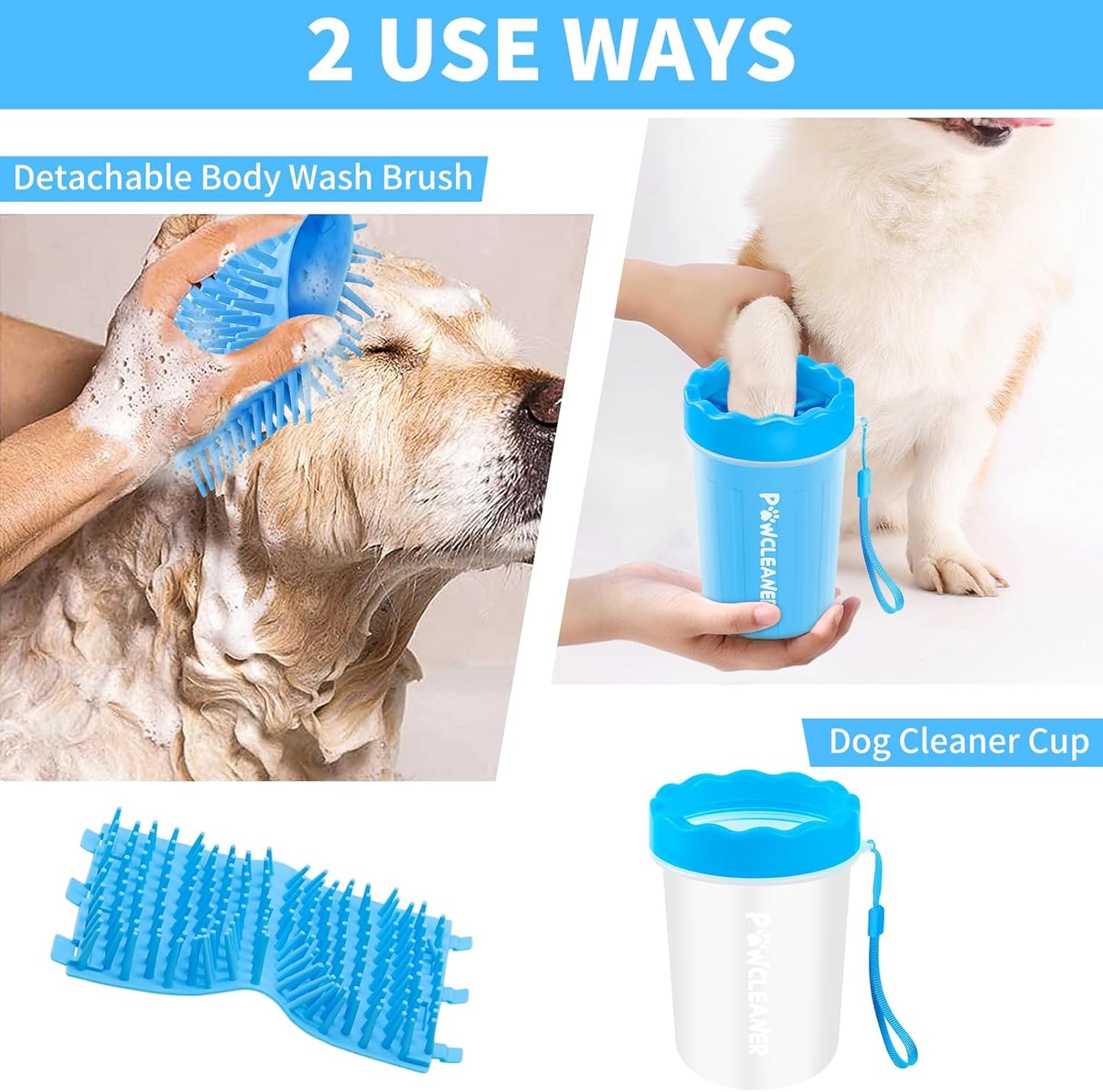 Professional 7 in 1 Dog Paw Cleaner for Dogs & Cats - Includes 1 Portable Paw Washer, 1 Bath Brush, 2 Dog Toothbrushes and 3 Absorbent Towels Note: Fits Paws up to 2 Inches Wide (Small, Blue)