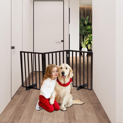 4 Panels Wooden Dogs Fence,Free Standing Pet Gate for Dog Cat,Wooden Indoor Foldable Dog Gate,Wide Pet Puppy Safety Fence,with Support Feet,for Hallways, Stairs, Doorways, Halls, Kitchen (Brown)