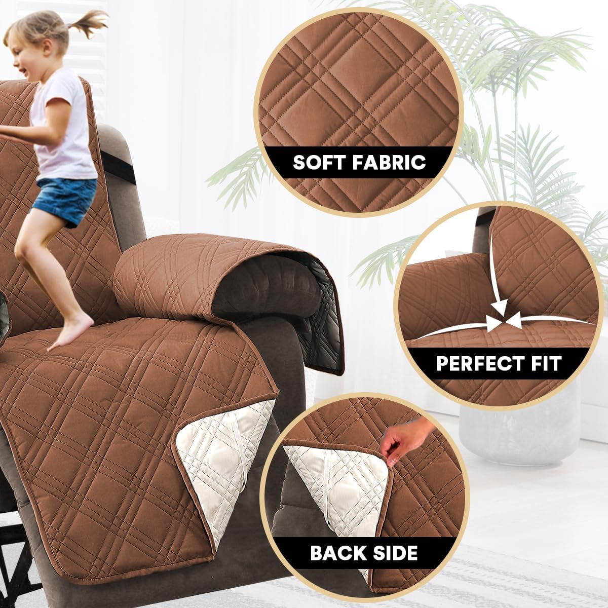 PrinceDeco 100% Waterproof Couch Cover for 3 Cushion Couch Sofa Pet Friendly Non-Slip Couch Cover for Dogs Washable Water Resistant Furniture Protector with Elastic Straps(Sofa 68", French Oak)
