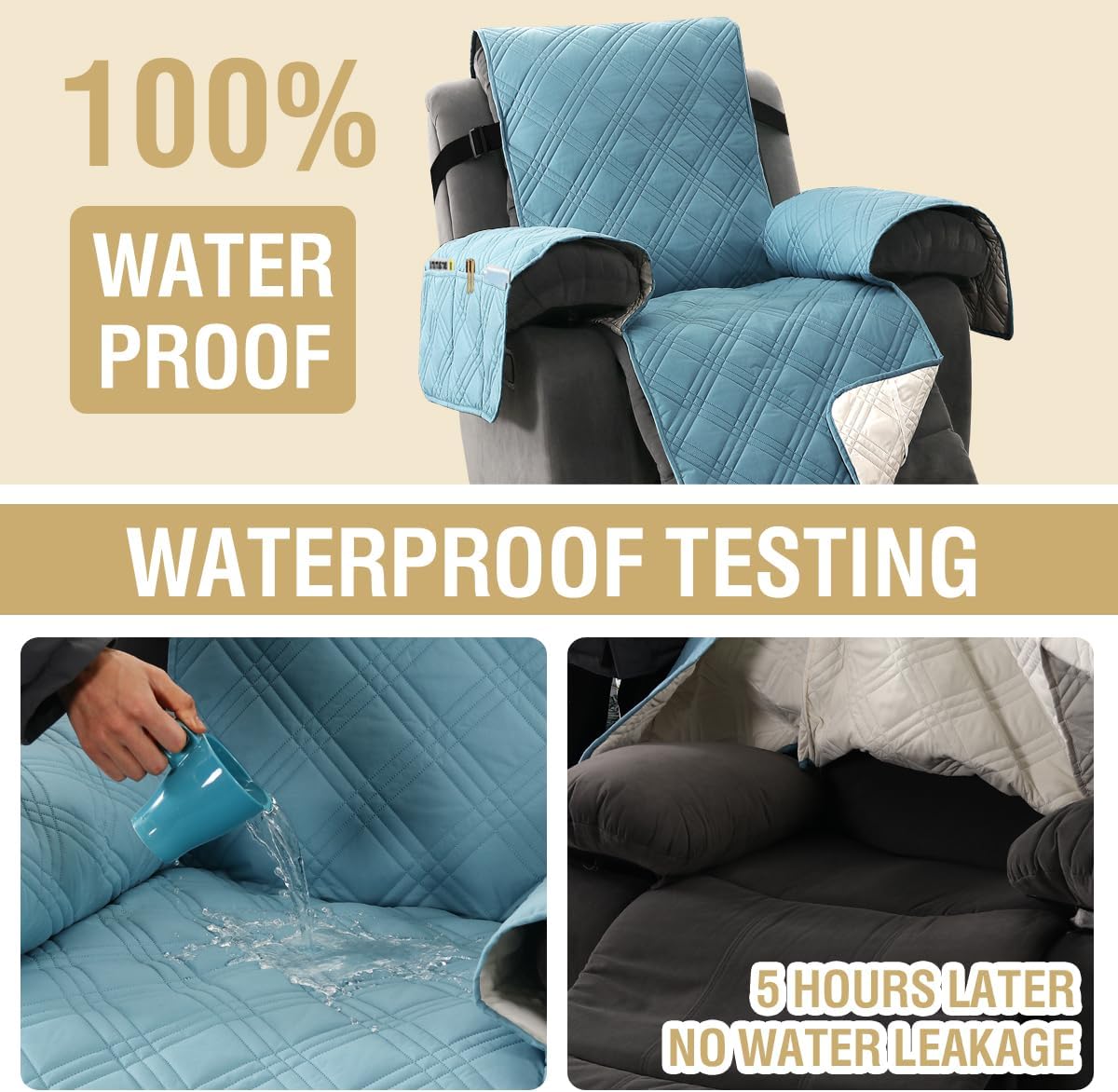 H.VERSAILTEX 100% Waterproof Slipcovers for Couches and Sofas Modern Pet Couch Cover Thick Soft Furniture Protector with Elastic Straps(Sofa, Lily Pad/Beige)