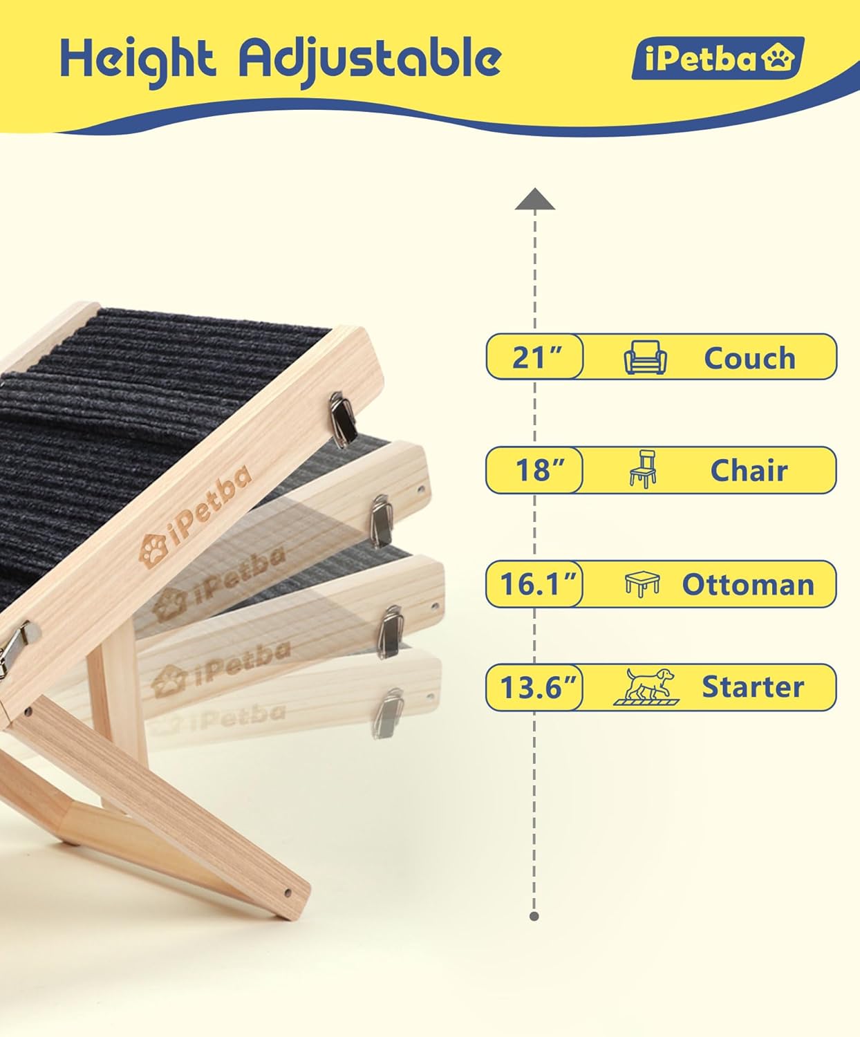 Dog Ramp for Bed & Couch for Small & Medium Dogs - Joint-Friendly, Anti-Slip, Adjustable, Odor-Free, Up to 70 lbs