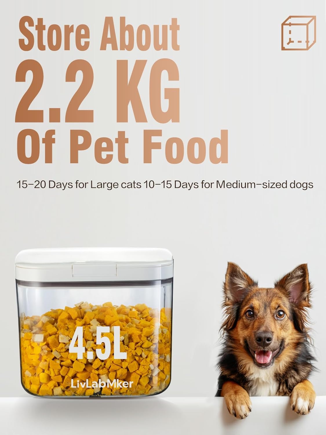 LivLab Mker Pet Food Storage Container 5 lbs Airtight Dog/Cat Food Container with Measuring Cup, BPA Free, Rice & Flour Storage Container for Dog Treats and Cat Food (3 lbs), White