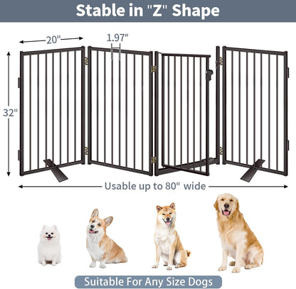 Metal Freestanding Dog Gates with Door for Outdoor Indoor,80'' Extra Wide 32'' Tall Free Standing Dog Gate for Doorways,Large Openings,Deck,Yard,Foldable Safety Pet Fence(Black,4 Panels)
