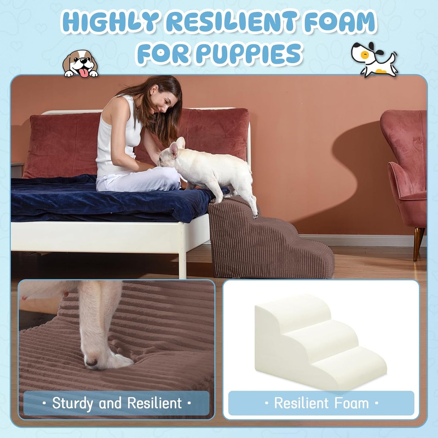 Mesa Lemon Dog Stairs & Steps for High Beds, 3 Steps High Density Foam Waterproof Dog Ramp for Small Dogs and Cats, Pet Stairs with Removable Washable Cover for Bed, Couch, Sofa and Car (H:16")