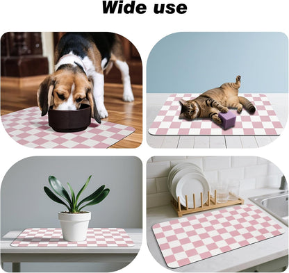 CooRug Checkered Dog Food Mat, Absorbent Leak-Proof Pet Feeding Mat, Quick Dry Cat Food Mat for Messy Drinkers 12" x 20" Khaki