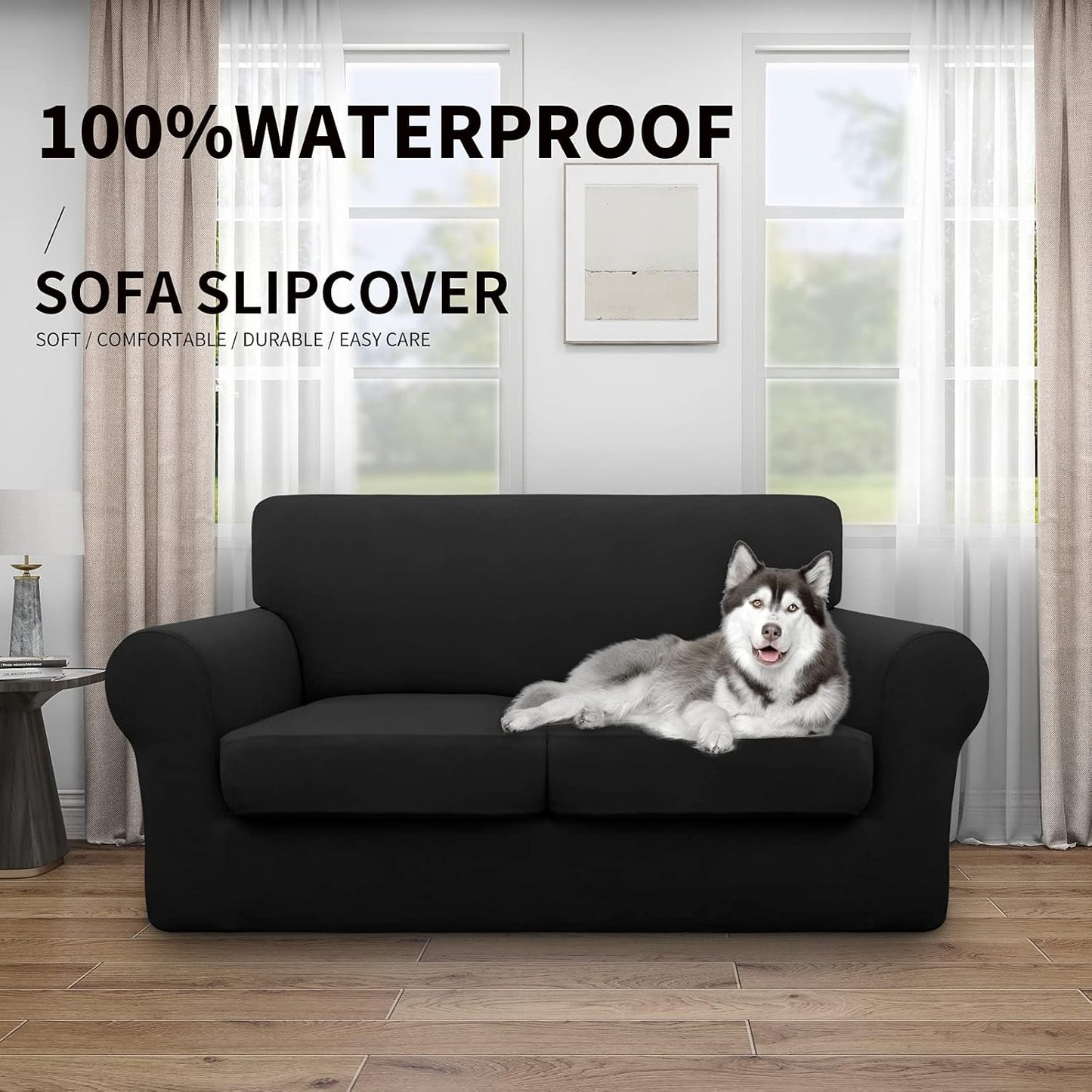 Easy-Going 100% Dual Waterproof 4 Pieces Stretch Soft Couch Cover for Dogs, Sofa Slipcover for 3 Separate Cushion Couch Leakproof Furniture Protector for Kids, Pets Dark Gray