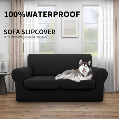 Easy-Going 100% Dual Waterproof 4 Pieces Stretch Soft Couch Cover for Dogs, Sofa Slipcover for 3 Separate Cushion Couch Leakproof Furniture Protector for Kids, Pets Dark Gray
