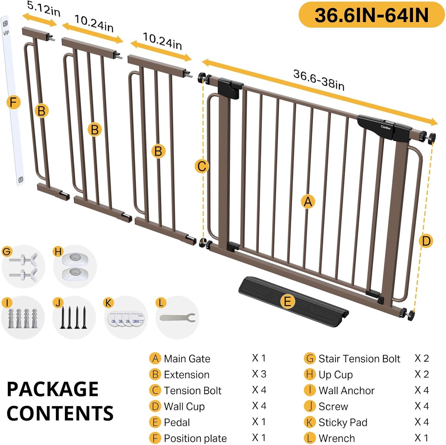 Cumbor 36.6-64" Extra Wide Baby Gate for Stairs, Dog Gates for Doorways, Auto-Close Pet Gate Indoor, Pressure Mounted Walk Through Safety Child Gate for Kids Toddler, Tall Pet Puppy Fence Gate, Brown