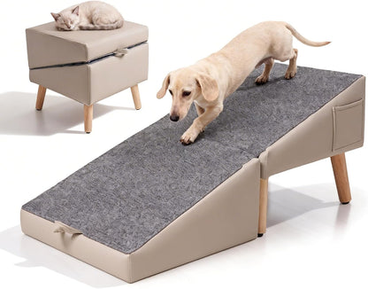 Dog Ramp for Couch & Bed, 2-in-1 Dog Stairs for Small and Medium Dogs & Cats, 16'' Indoor Pet Ramp with 23°Gentle Slope, Non-Slip Felt, Joint Protection for Senior & Injured Pets, Sturdy Ottoman-Style
