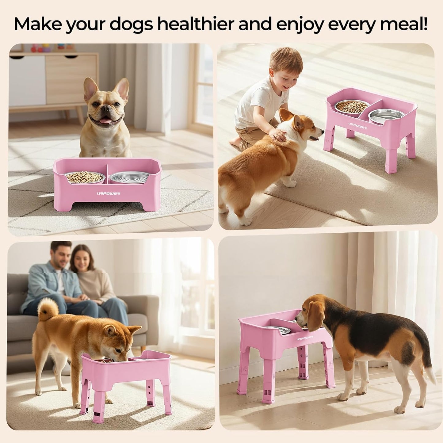 URPOWER 3-in-1 Elevated Dog Bowls - Mess Proof Double Deck 4 Height Adjustable Raised Stand with 2 Stainless Steel Food Bowls & Licking Plate for Small, Medium & Large Dogs