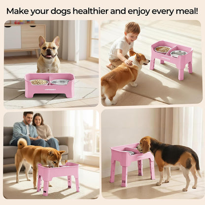 URPOWER 3-in-1 Elevated Dog Bowls - Mess Proof Double Deck 4 Height Adjustable Raised Stand with 2 Stainless Steel Food Bowls & Licking Plate for Small, Medium & Large Dogs