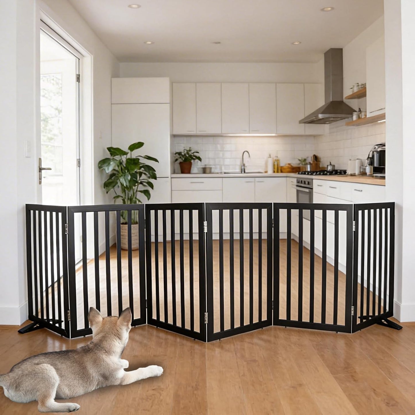 ZJSF Freestanding Indoor Dog Gate for House Foldable Wood Puppy Gate for Doorways Pet Gate for Stairs Extra Wide Pet Fence, Brown, 24" Height 3 Panels