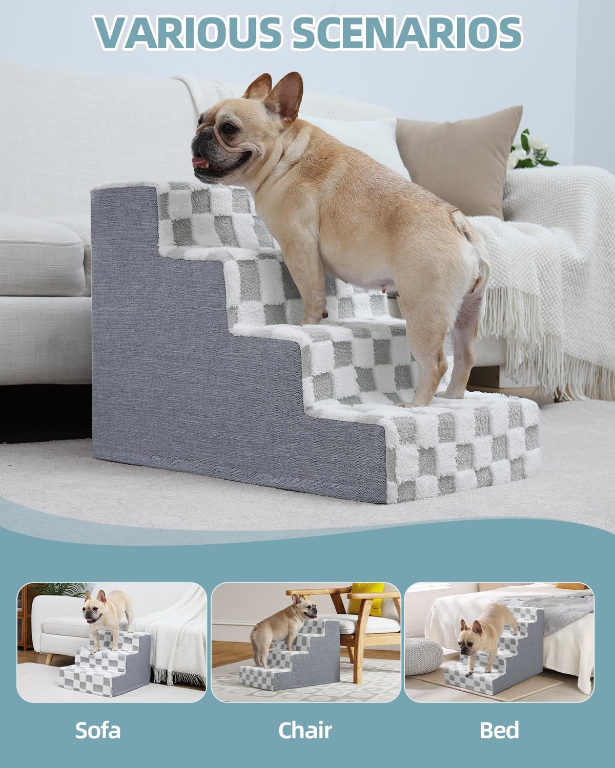 KSIIA Dog Stairs for Small Dogs & Cats Pet Stairs Supportive 4-Tier Pet Steps for Bed Couch Sofa Chair, No-Slip Cat Steps with Removable Washable Cover, 24" D x 15" W x 17.5" H, Grey