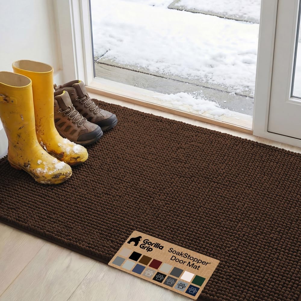 GORILLA GRIP SoakSTOPPER Dog Door Mat, 30x20 Machine Washable Rug Absorbent Doormat Captures Moisture Mud Dirt, Quick Dry Soft Chenille Entryway Rugs Indoor Entrance Mats for Dog Paws, Paw Grey