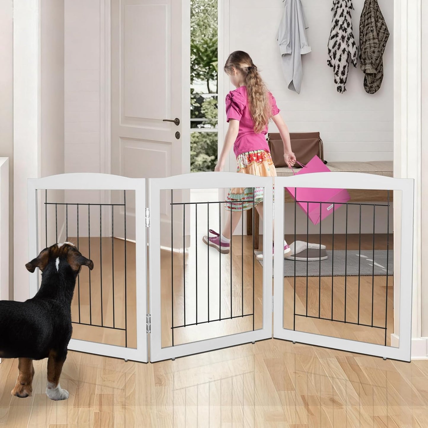 ZJSF Freestanding Foldable Dog Gate for House Extra Wide Wooden White Indoor Puppy Gate Stairs Doorways Pet Gate Tall Dog Fence 3 Panels Fence