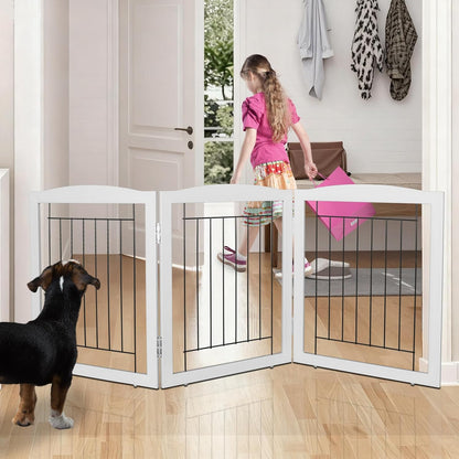 ZJSF Freestanding Foldable Dog Gate for House Extra Wide Wooden White Indoor Puppy Gate Stairs Doorways Pet Gate Tall Dog Fence 3 Panels Fence
