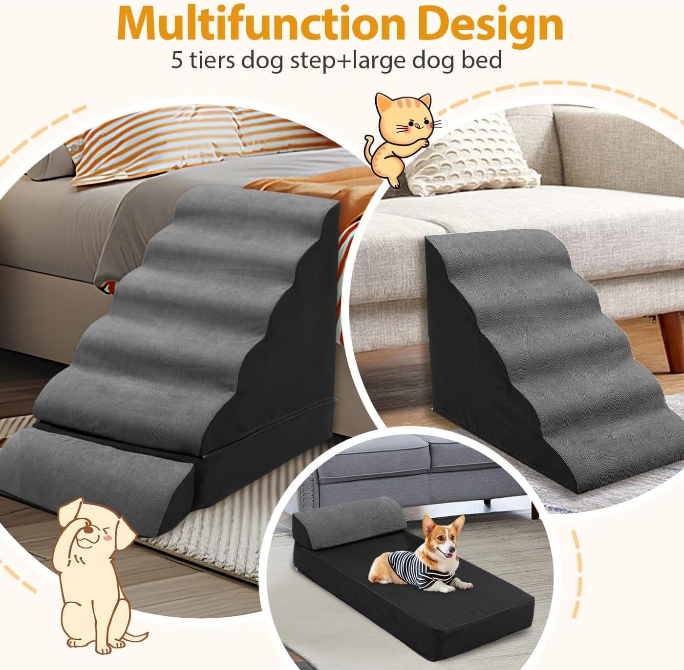 A.FATI Dog Stairs 30 Inches High for 30-36 Inch High Bed, 6-Tier 3-in-1 Foam Pet Steps with Non-Slip Bottom, Detachable Washable Cover, Dog Ramp for Small Old Short-Legged Dogs Up to 50 Lbs