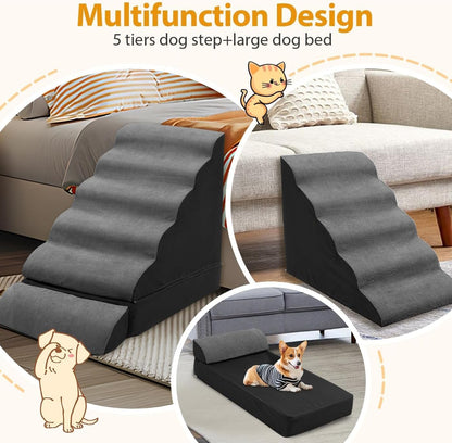 A.FATI Dog Stairs 30 Inches High for 30-36 Inch High Bed, 6-Tier 3-in-1 Foam Pet Steps with Non-Slip Bottom, Detachable Washable Cover, Dog Ramp for Small Old Short-Legged Dogs Up to 50 Lbs