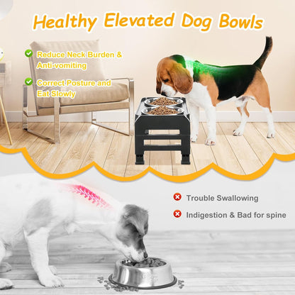 Elevated Raised Dog Bowl Stand with 2 Stainless Steel Bowls, Adjustable Height for Medium Large Dogs, 12.36" - 3.7" Foldable Feeder, Grey