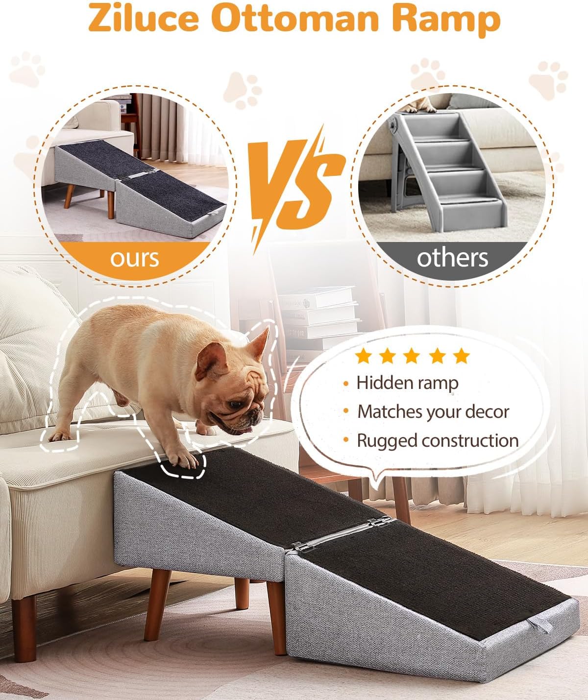 17.13" H Split Ottoman Dog Ramp for Couch and Bed, Non Slip Dog Stairs for Small Medium Large Dogs Cats Puppy, Joint Support 2 in 1 Foldable Wooden Pet Steps for Senior/Injured Dogs, Space Saving