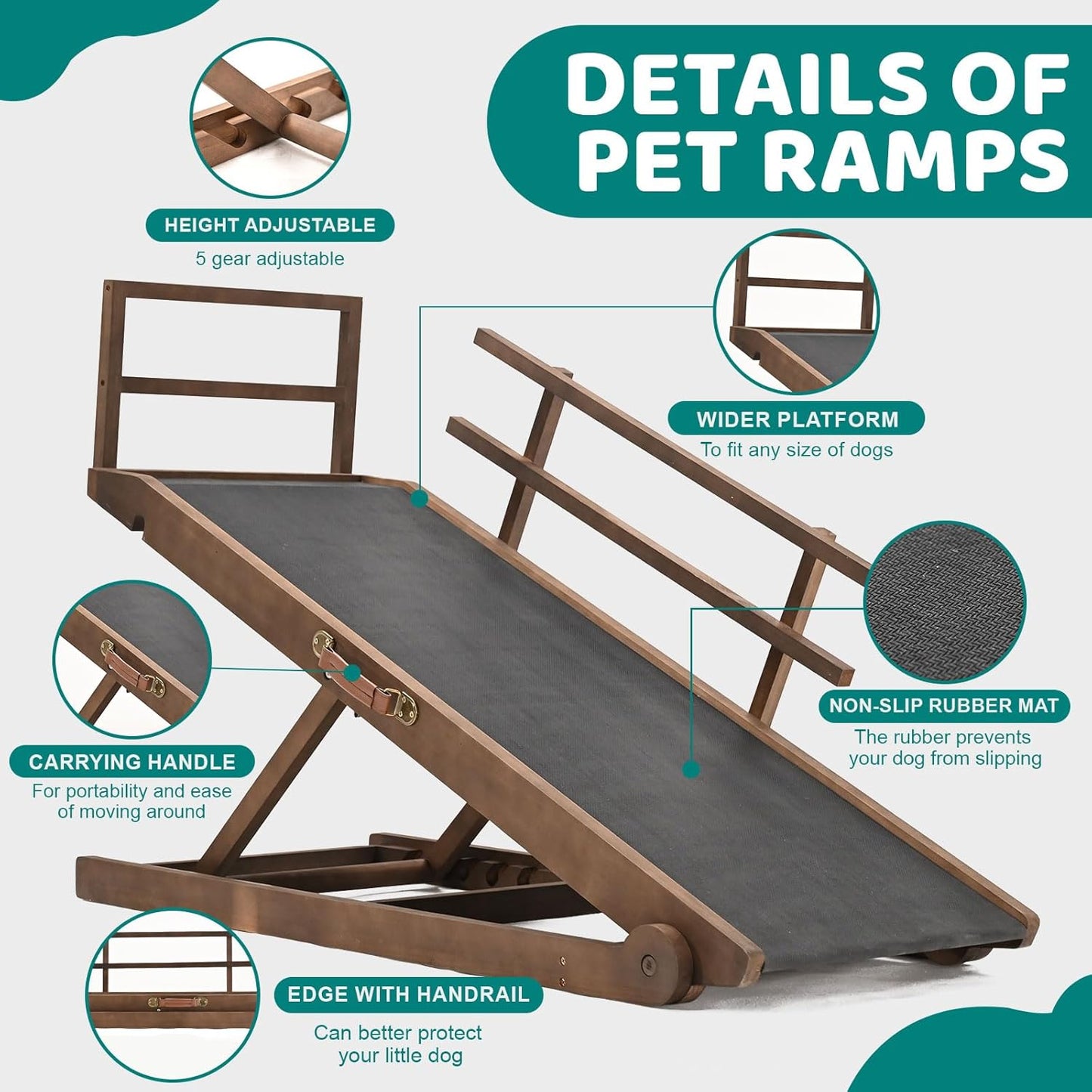 Dog Ramp for Bed, Adjustable Pet Ramps for Dog to Get on Bed, Non-Slip Rubber Surface - Folding Wooden Dog Ramp for Small/Large/Old Dogs, Adjustable up to 27.5 inch High Beds, Safety Railings