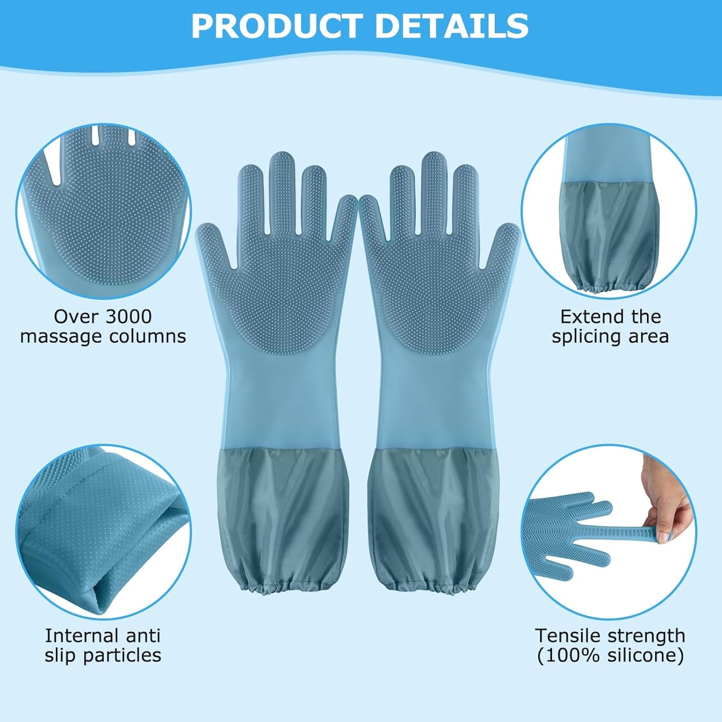 Dog Washing Gloves | Pet Grooming Gloves | Extra Long Arms (17.3") for Cats & Dogs | Massage & Hair Removal Pet Glove (Hazy Blue)