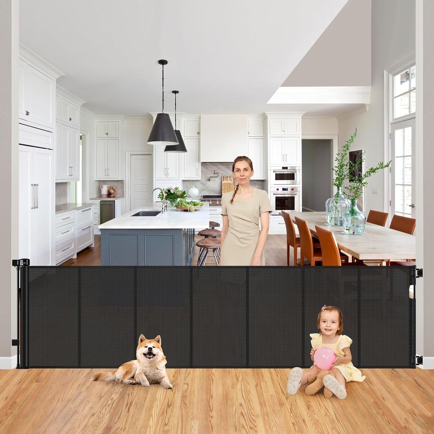 Reinforced 90 Inch Retractable Baby Gates Extra Wide Baby Gate with Reinforced Strips, 7.5ft Long Retractable Dog Gate for The House 33 Inch Tall Extra Long Pet Gates for Wide Openings, Black