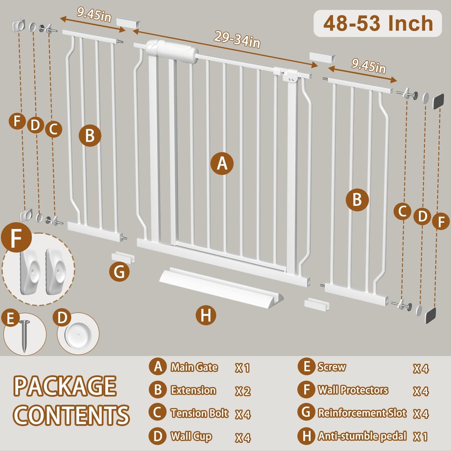 Fairy Baby Extra Wide Baby Gate for Dogs Pressure Monuted Safety Gate for Living Room, Fits 62 Inch to 67 Inch with No Drill Auto Close Dog Gate for Doorways, White