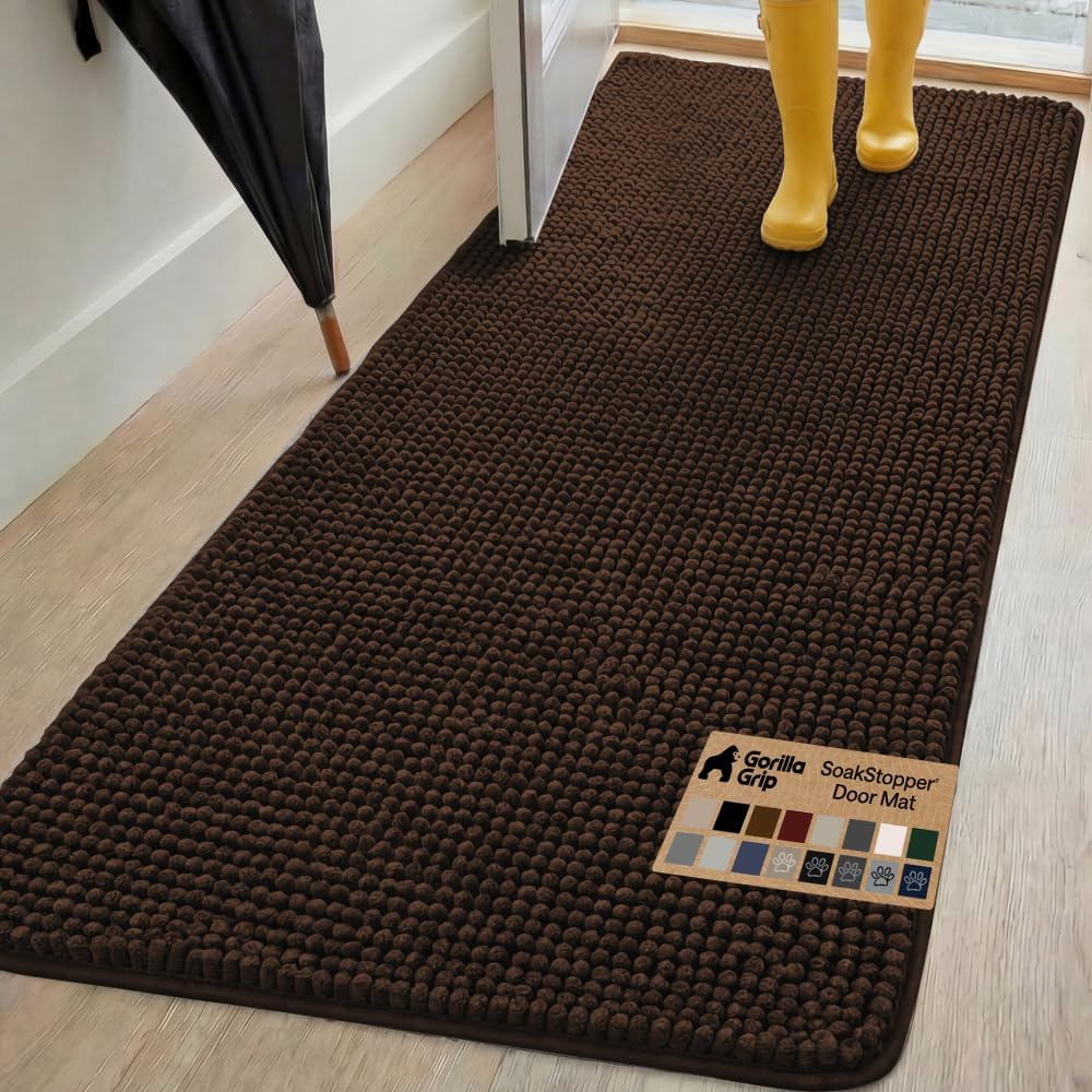 GORILLA GRIP SoakSTOPPER Dog Door Mat, 30x20 Machine Washable Rug Absorbent Doormat Captures Moisture Mud Dirt, Quick Dry Soft Chenille Entryway Rugs Indoor Entrance Mats for Dog Paws, Paw Grey