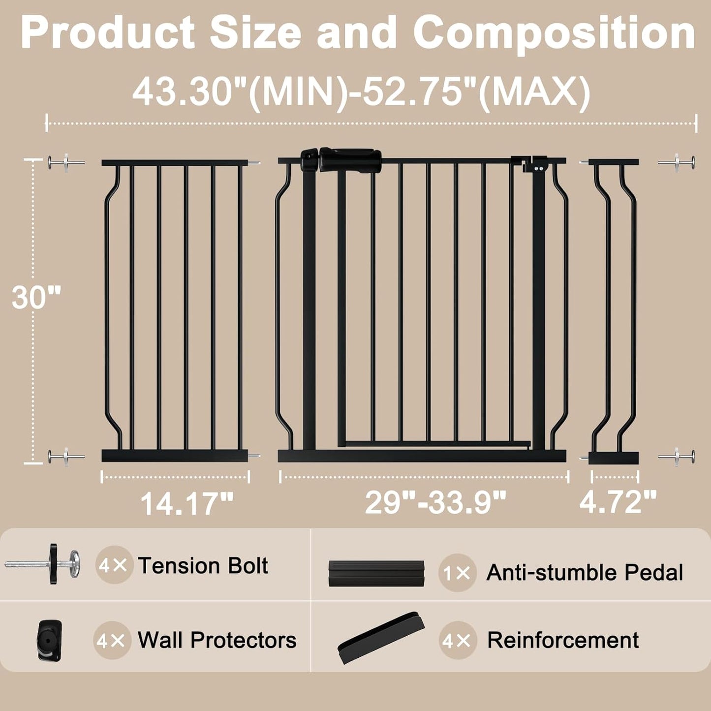 WAOWAO Baby Gate 71.65-85.03" Extra Wide Pressure Mounted Walk Through Swing Auto Close Safety Metal Black Toddler Kids Child Dog Pet Puppy for Stairs,Doorways,Kitchen